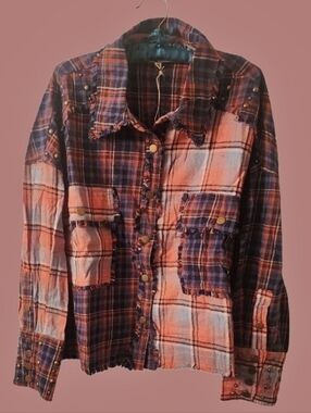 Blue Velvet Plaid Studded Cropped Shacket In Orange & Navy